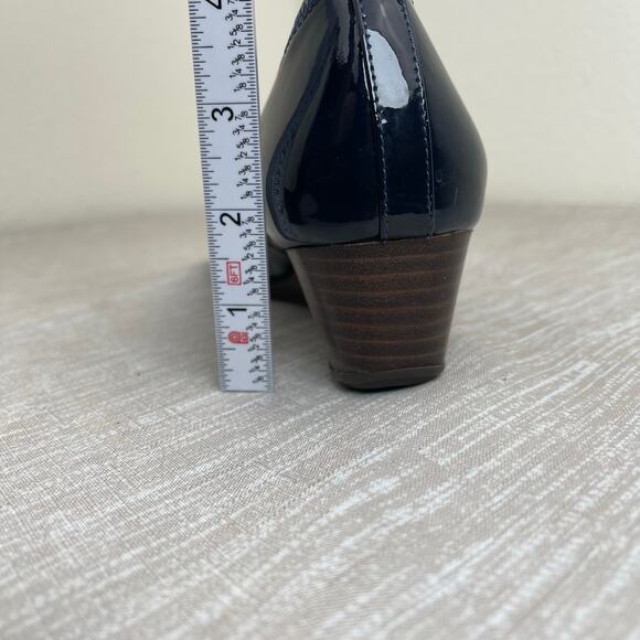 Cole Haan Tali Peep Toe Wedge Navy Patent Leather Bow Quilted Grand OS Women's 8 - Picture 8 of 13